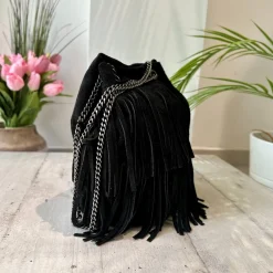Borsa a Secchiello con Frange Nera in Pelle Scamosciata