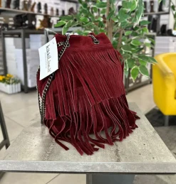 Borsa a Secchiello con Frange Nera in Pelle Scamosciata