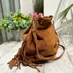 Borsa a Secchiello con Frange Cuoio in Pelle Nabuk Vintage