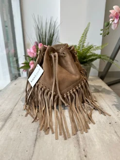 Borsa a Secchiello con Frange Cuoio in Pelle Nabuk Vintage