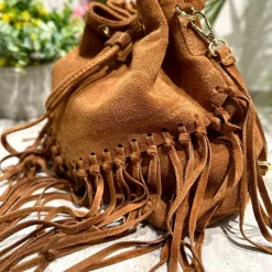 Borsa a Secchiello con Frange Cuoio in Pelle Nabuk Vintage