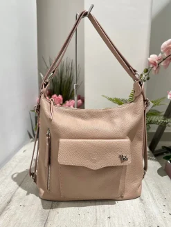 Borsa a Spalla che diventa Zaino in Vera Pelle Rosa Cipria Logo K FIAM