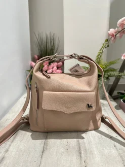 Borsa a Spalla che diventa Zaino in Vera Pelle Rosa Cipria Logo K FIAM
