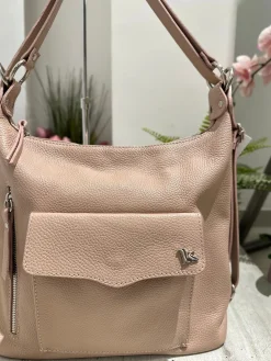 Borsa a Spalla che diventa Zaino in Vera Pelle Rosa Cipria Logo K FIAM