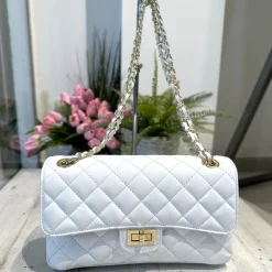 Borsa Elegante Trapuntata VERA PELLE Dettagli Dorati Capiente Bianca