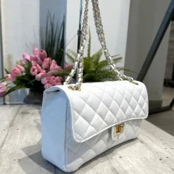 Borsa Elegante Trapuntata VERA PELLE Dettagli Dorati Capiente Bianca