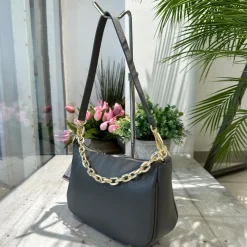 Borsa in Pelle Classica Grigio con Catena a Spalla