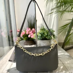 Borsa in Pelle Classica Grigio con Catena a Spalla