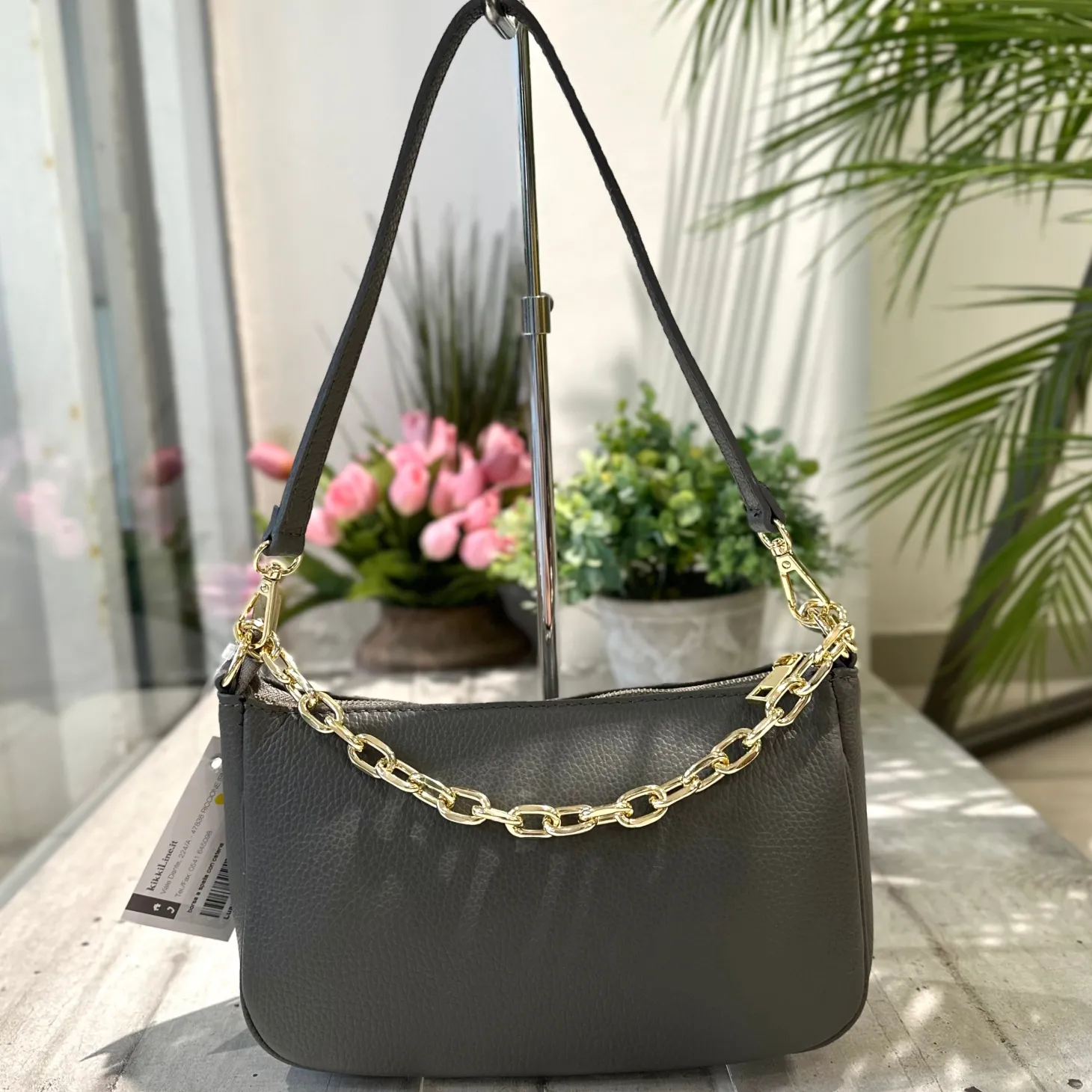 Borsa in Pelle Classica Grigio con Catena a Spalla