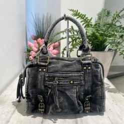 Borsa Maxi Jeans a Mano e con Tracolla all'interno e Zip DENIM Black L
