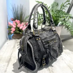 Borsa Maxi Jeans a Mano e con Tracolla all'interno e Zip DENIM Black L