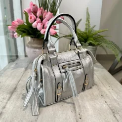 Borsa Mini color Silver Similpelle a Spalla con Tracolla e Zip