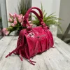 Borsa Mini Fuxia Laminata a Spalla con Tracolla Vera Pelle Vintage