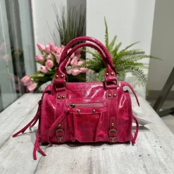 Borsa Mini Fuxia Laminata a Spalla con Tracolla Vera Pelle Vintage