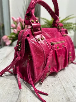 Borsa Mini Fuxia Laminata a Spalla con Tracolla Vera Pelle Vintage