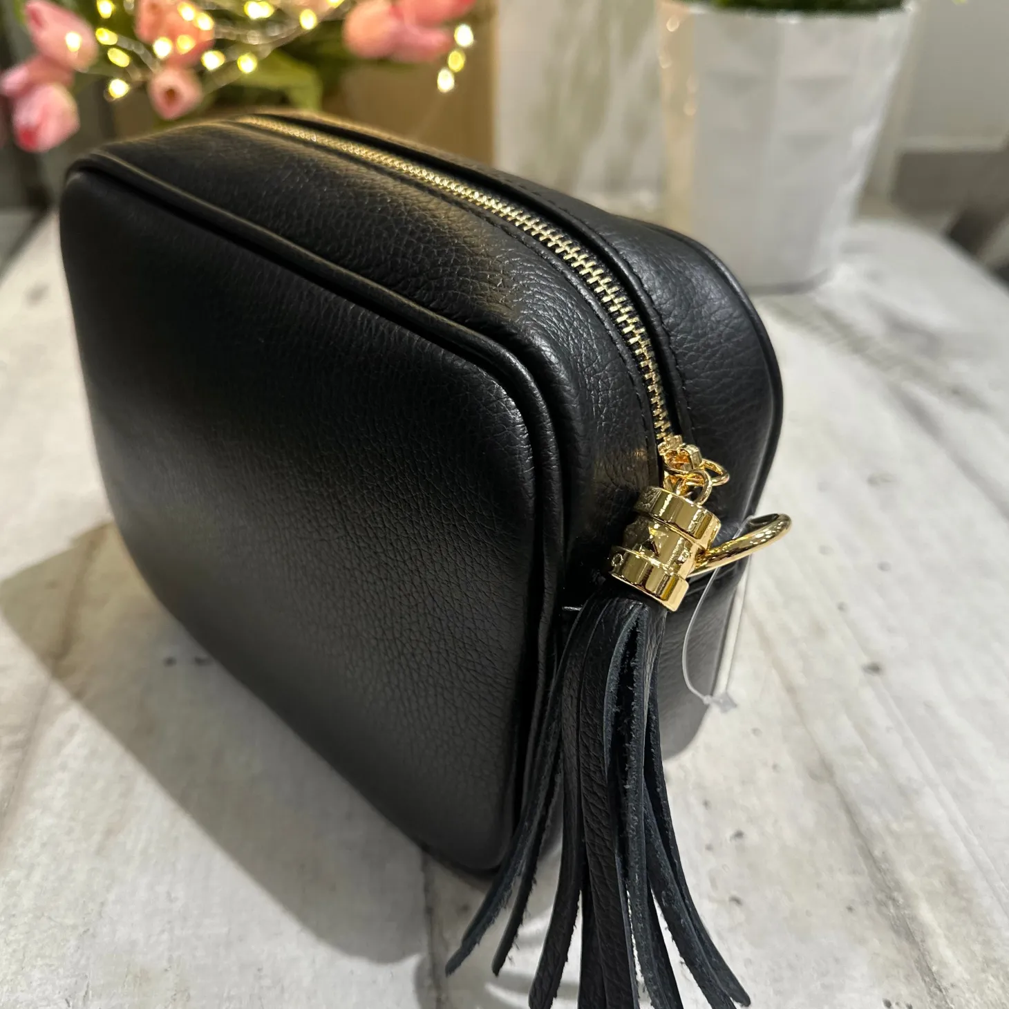 Borsa Quadrata con Nappina e Zip VERA PELLE Nera con tracolla PAOLA