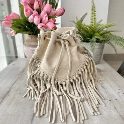 Borsa Scamosciata a Secchiello con Frange Tracolla e Passanti Dorati E