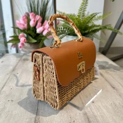 Borsetta Mini Pic-Nic Paglia Quadrata e Manico Bambù Sabbia e Tracolla