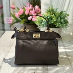 Borsetta Valigetta a Mano Dettagli Dorati Elegante Vera Pelle Marrone