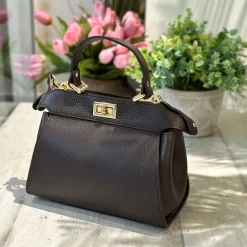 Borsetta Valigetta a Mano Dettagli Dorati Elegante Vera Pelle Marrone