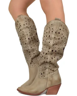 Brown Perforated Leather Cowboy Boots – Taupe, Made in Italy