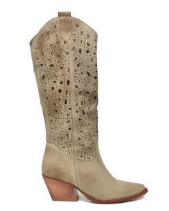 Brown Perforated Leather Cowboy Boots – Taupe, Made in Italy