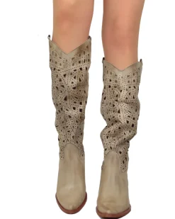 Brown Perforated Leather Cowboy Boots – Taupe, Made in Italy