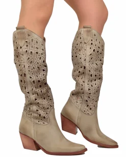 Brown Perforated Leather Cowboy Boots – Taupe, Made in Italy