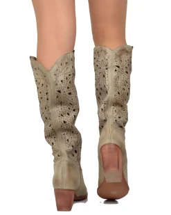 Brown Perforated Leather Cowboy Boots – Taupe, Made in Italy