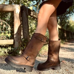 Brown Women's Biker Boots with Adjustable Buckles Made in Italy