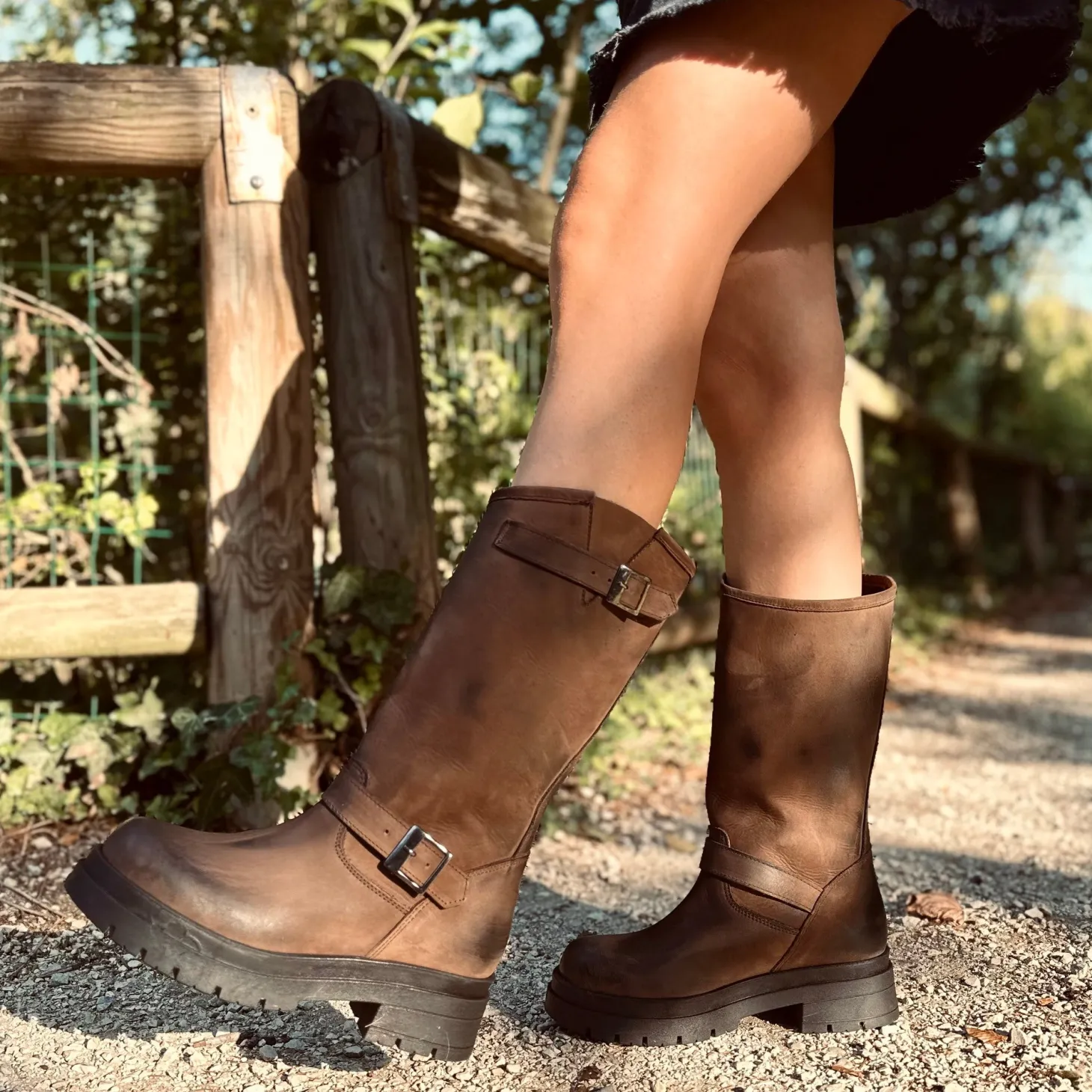 Brown Women's Biker Boots with Adjustable Buckles Made in Italy