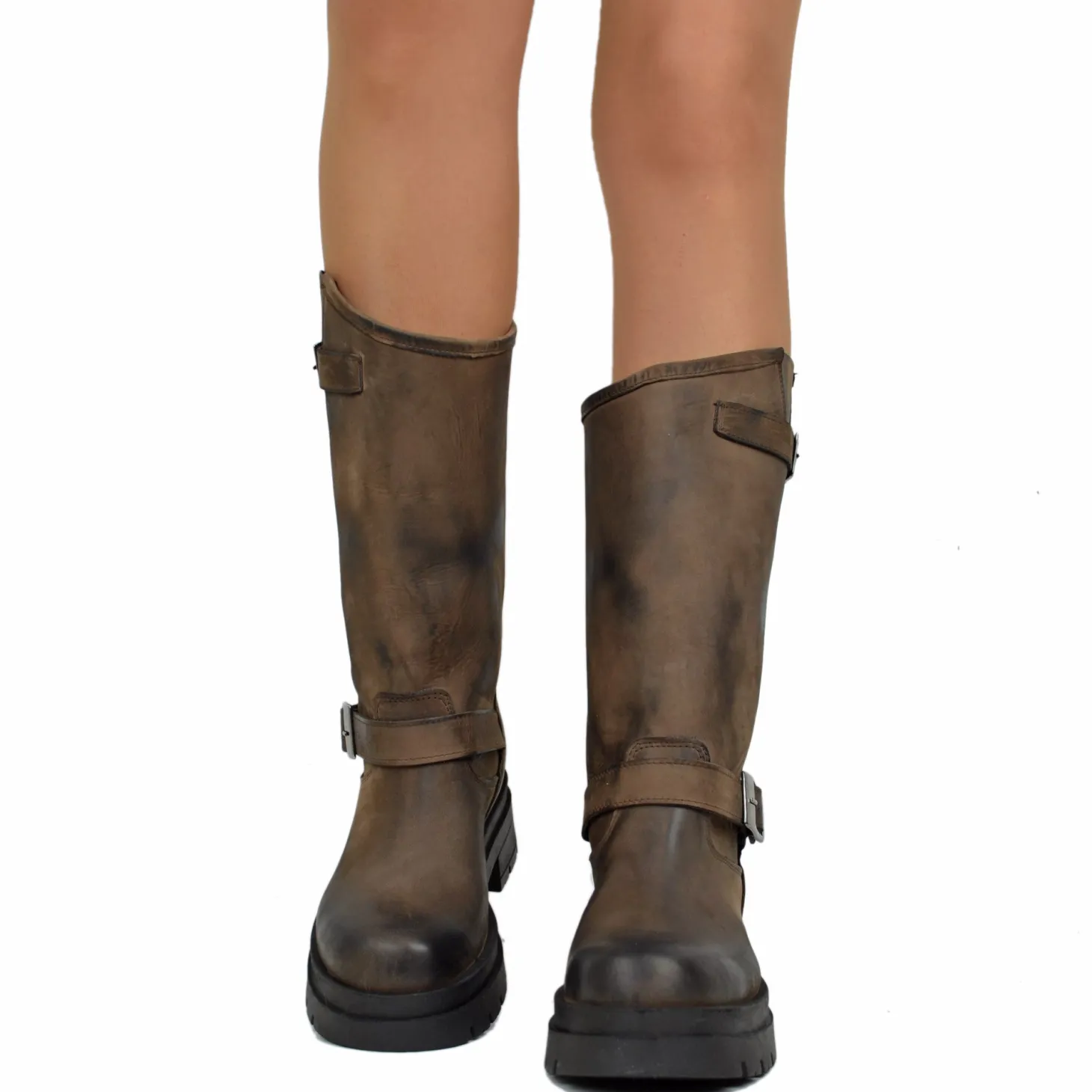 Brown Women's Biker Boots with Adjustable Buckles Made in Italy