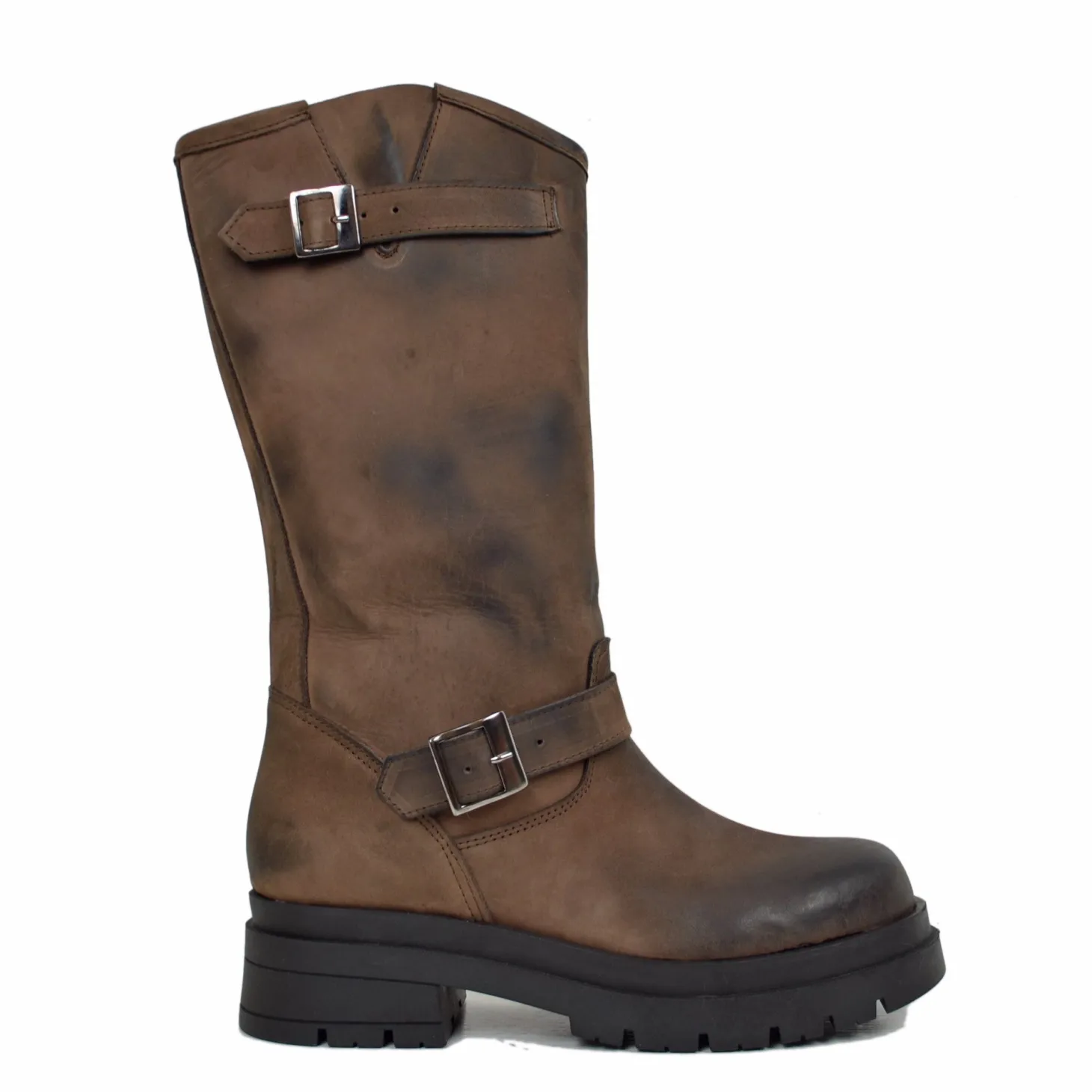 Brown Women's Biker Boots with Adjustable Buckles Made in Italy