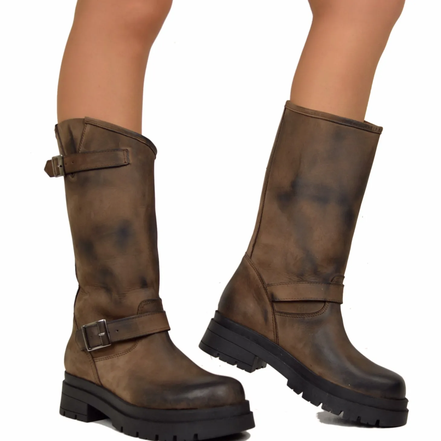 Brown Women's Biker Boots with Adjustable Buckles Made in Italy