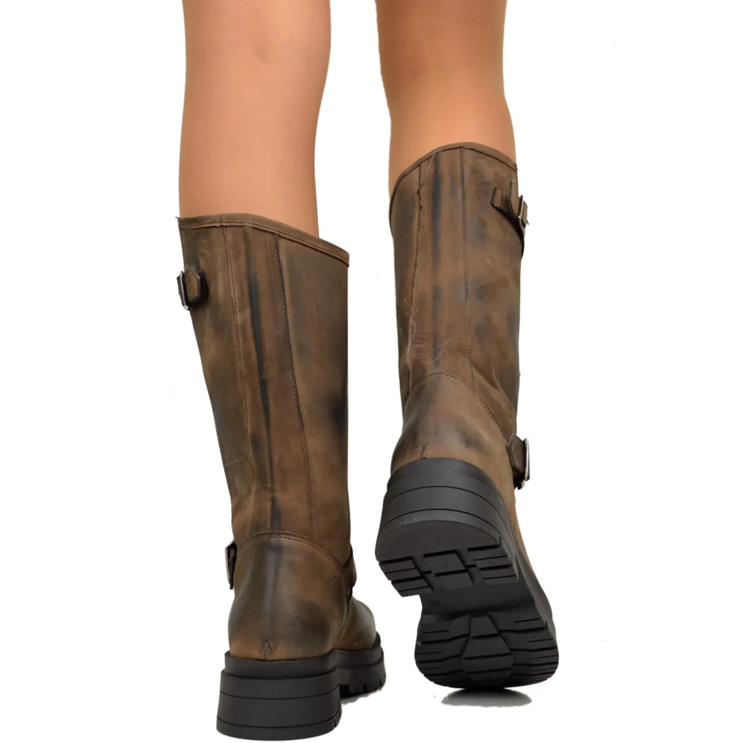 Brown Women's Biker Boots with Adjustable Buckles Made in Italy