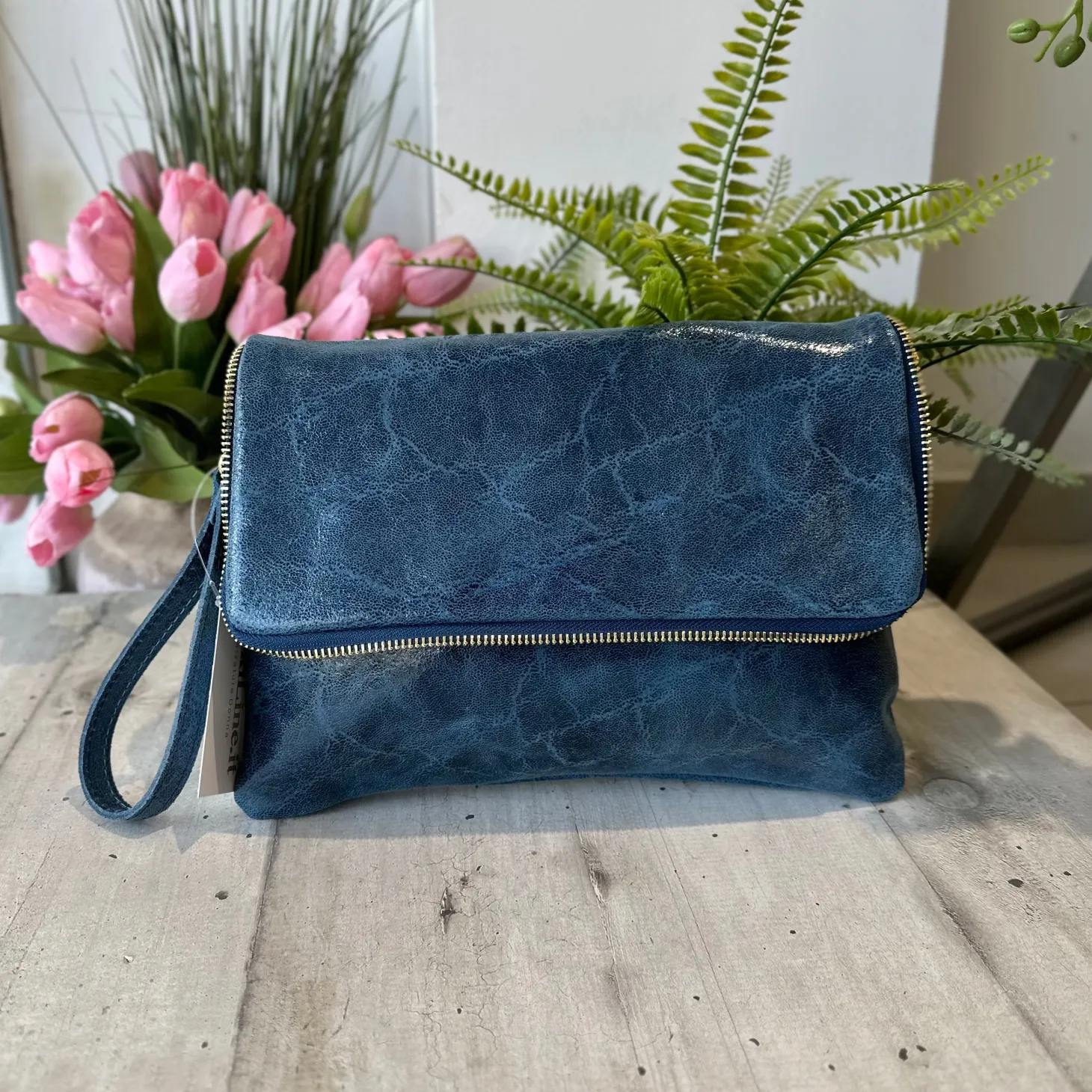 Clutch a Mano Borsa VERA PELLE effetto Vintage Jeans GINEVRA tracolla