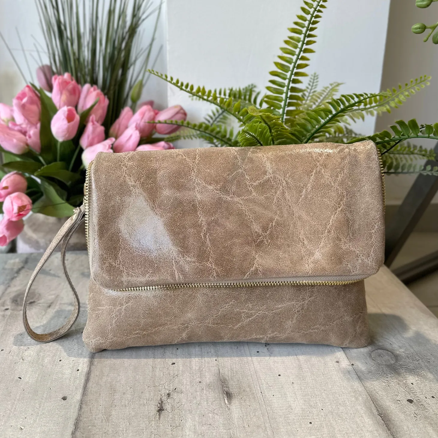 Clutch a Mano Borsa VERA PELLE effetto Vintage Sabbia GINEVRA tracolla