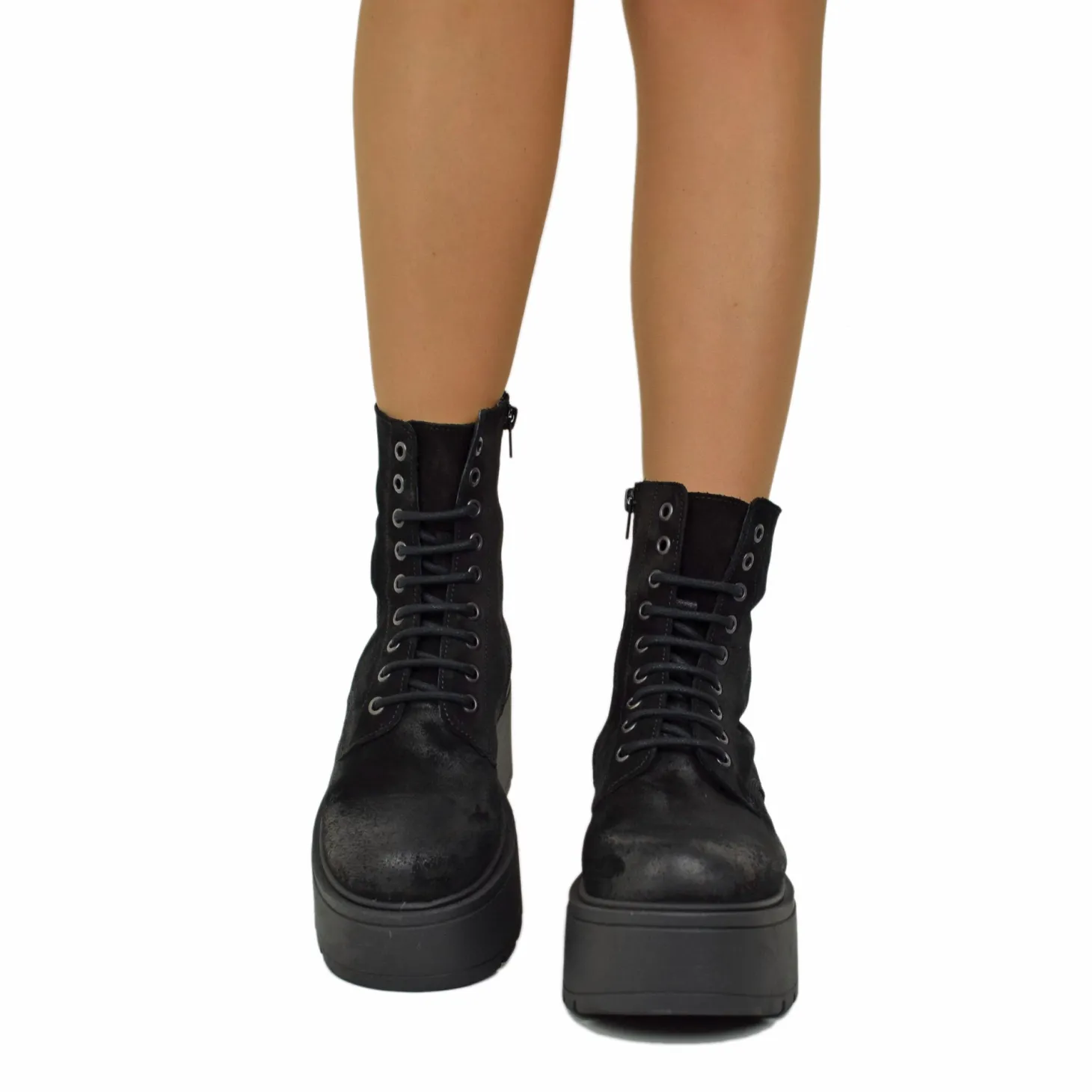 7 cm Platform Ankle Boots Soft Suede Chunky Boots Black
