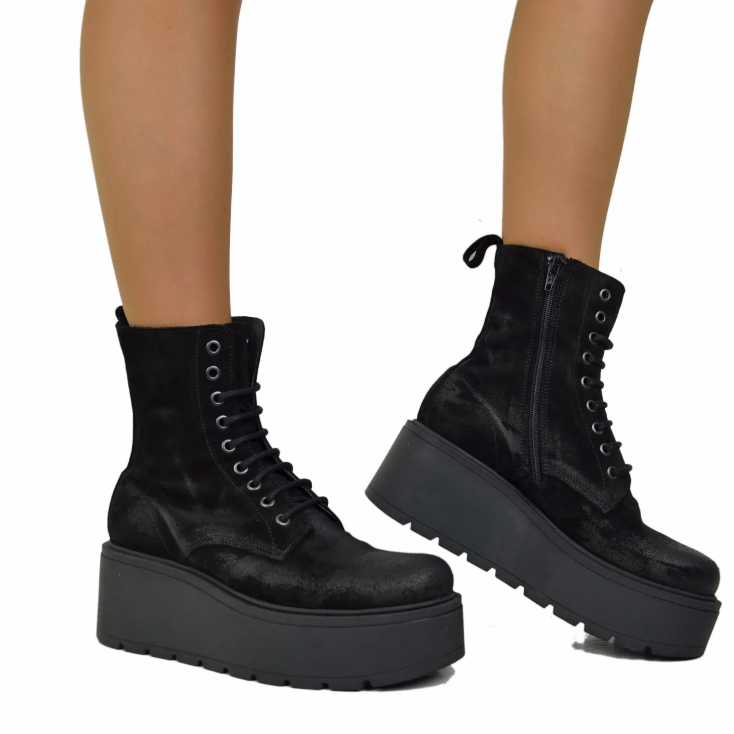 7 cm Platform Ankle Boots Soft Suede Chunky Boots Black