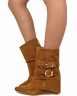 Cognac Suede Ankle Boots with Wedge Heel and Pointed Toe, 7 cm