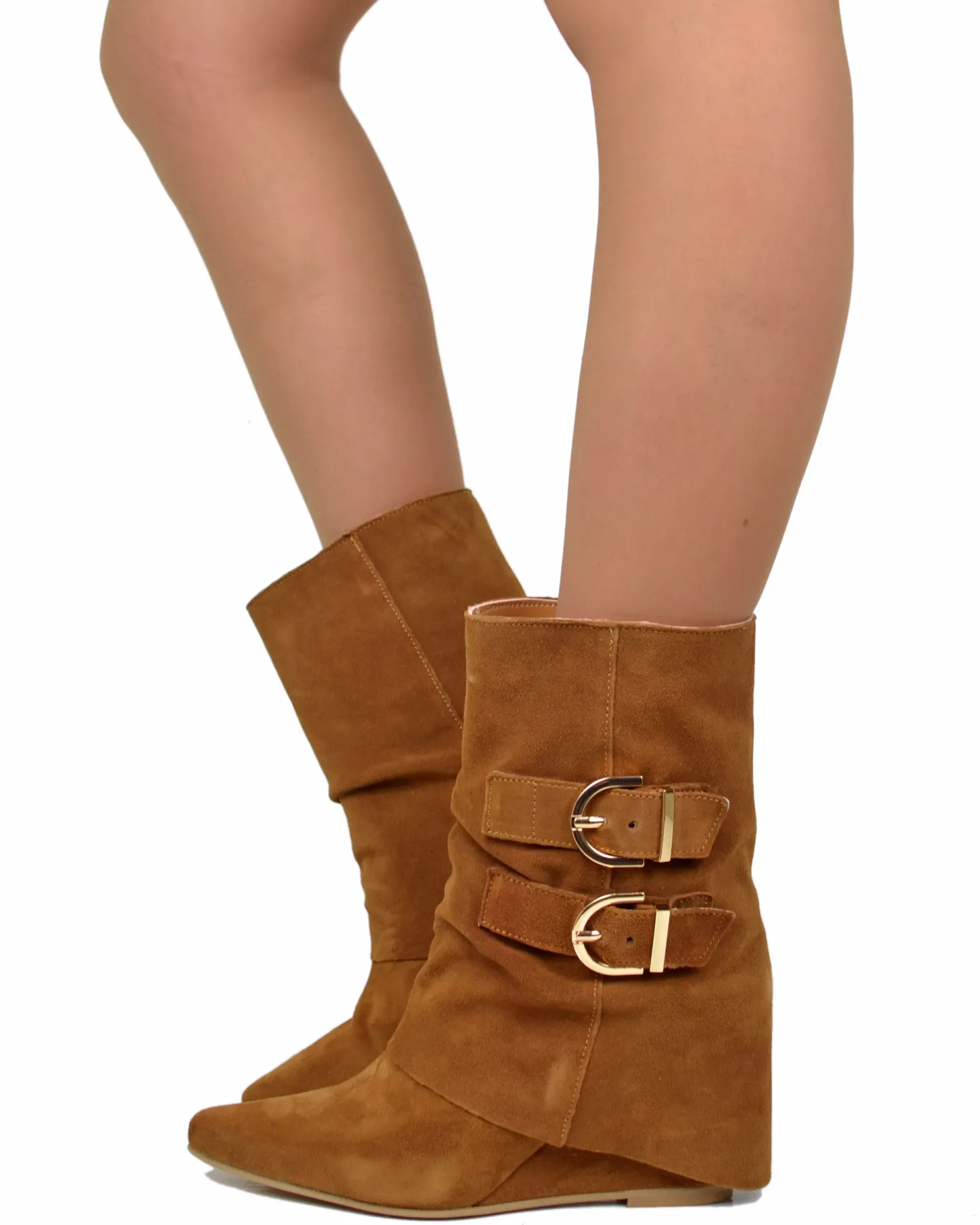 Cognac Suede Ankle Boots with Wedge Heel and Pointed Toe, 7 cm