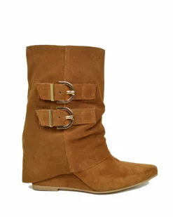 Cognac Suede Ankle Boots with Wedge Heel and Pointed Toe, 7 cm