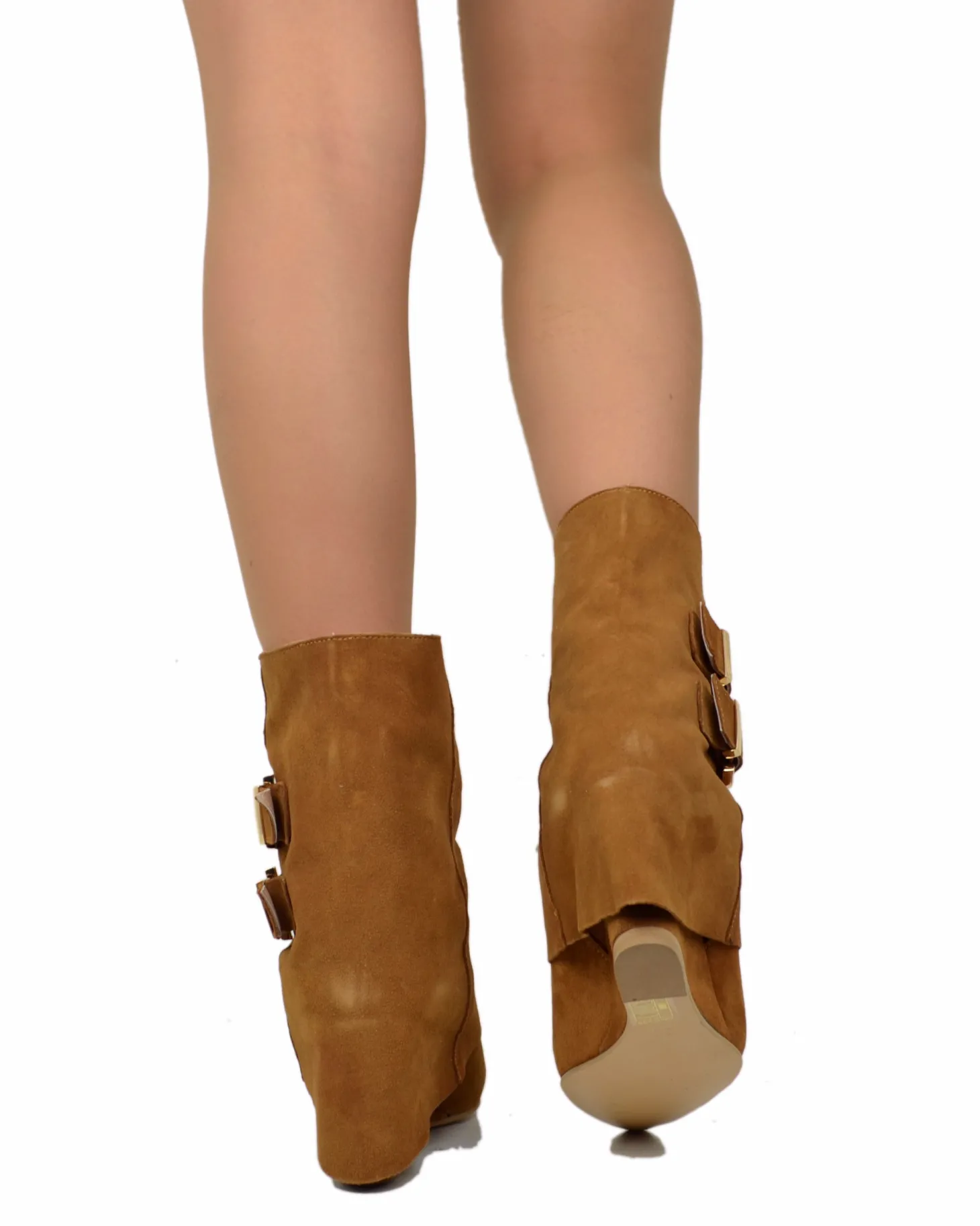 Cognac Suede Ankle Boots with Wedge Heel and Pointed Toe, 7 cm