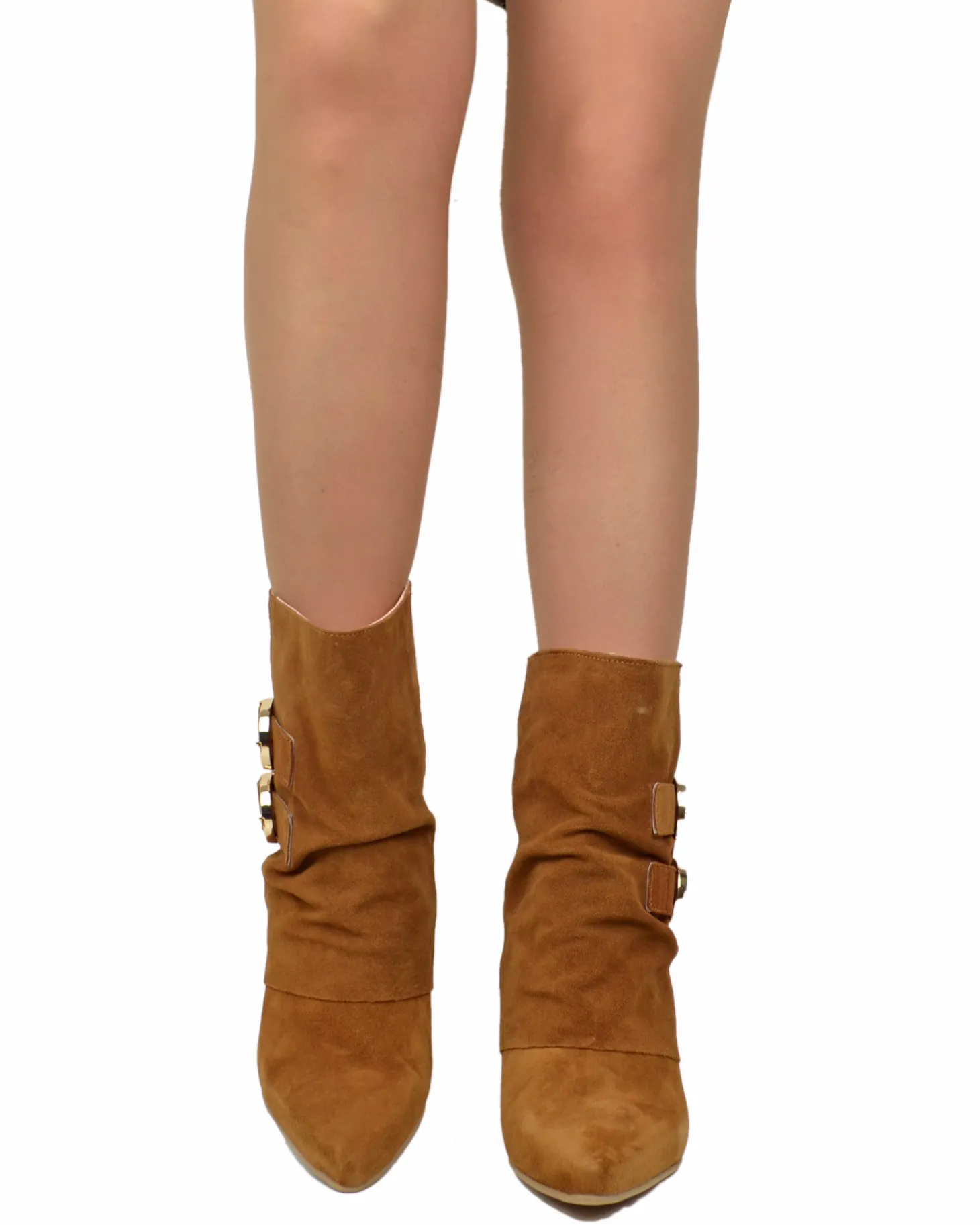 Cognac Suede Ankle Boots with Wedge Heel and Pointed Toe, 7 cm