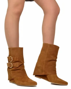 Cognac Suede Ankle Boots with Wedge Heel and Pointed Toe, 7 cm