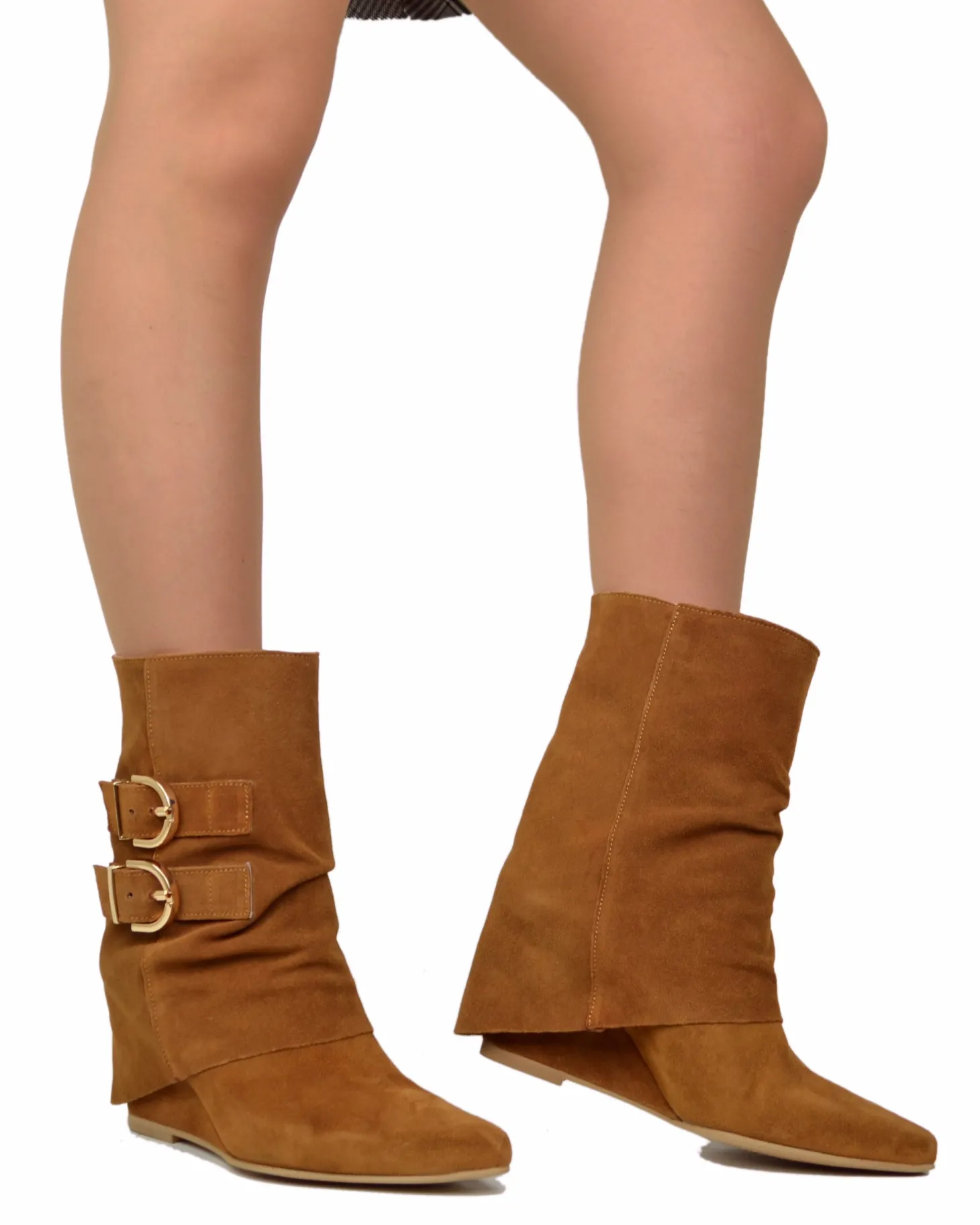 Cognac Suede Ankle Boots with Wedge Heel and Pointed Toe, 7 cm