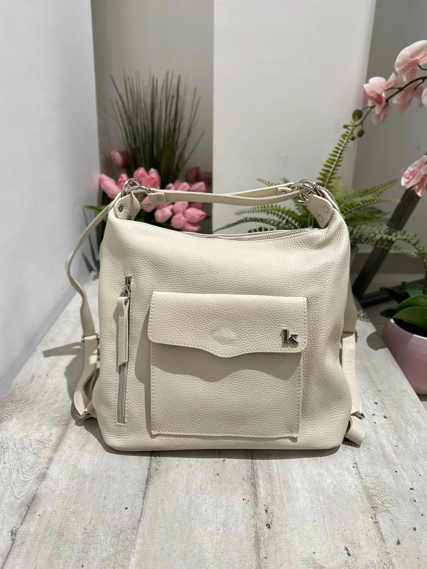 Convertible Shoulder Bag in Genuine Leather – Cream, Logo K