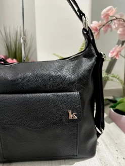 Convertible Shoulder Bag in Genuine Leather – Black, Logo K