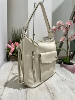 Convertible Shoulder Bag in Genuine Leather – Cream, Logo K