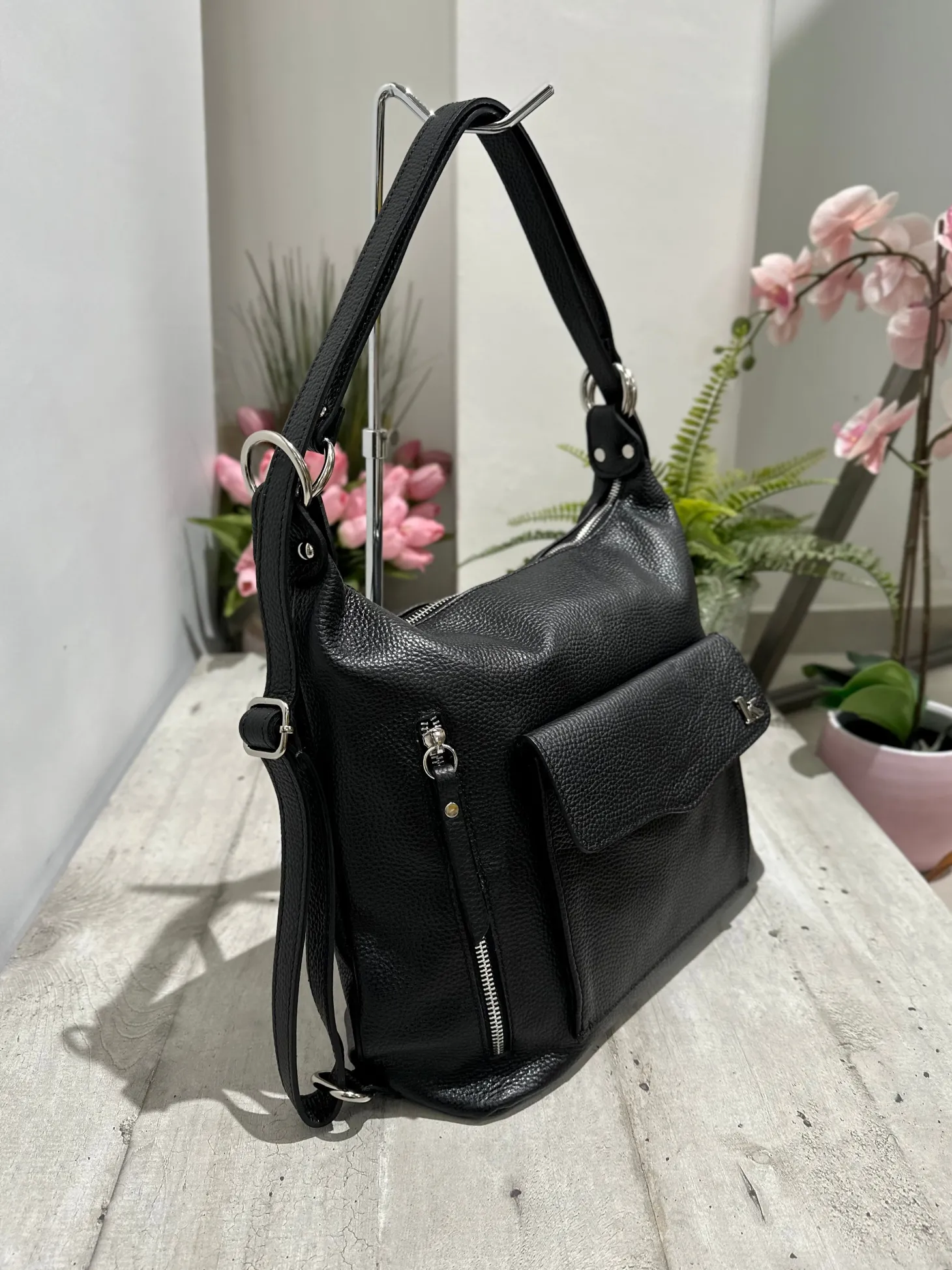 Convertible Shoulder Bag in Genuine Leather – Black, Logo K